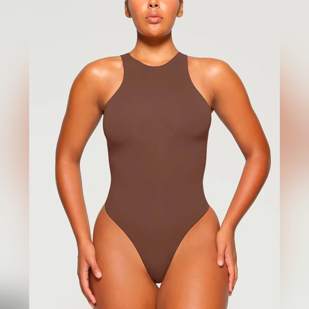 ReoRia Brown Halter Racerback Thong Bodysuit